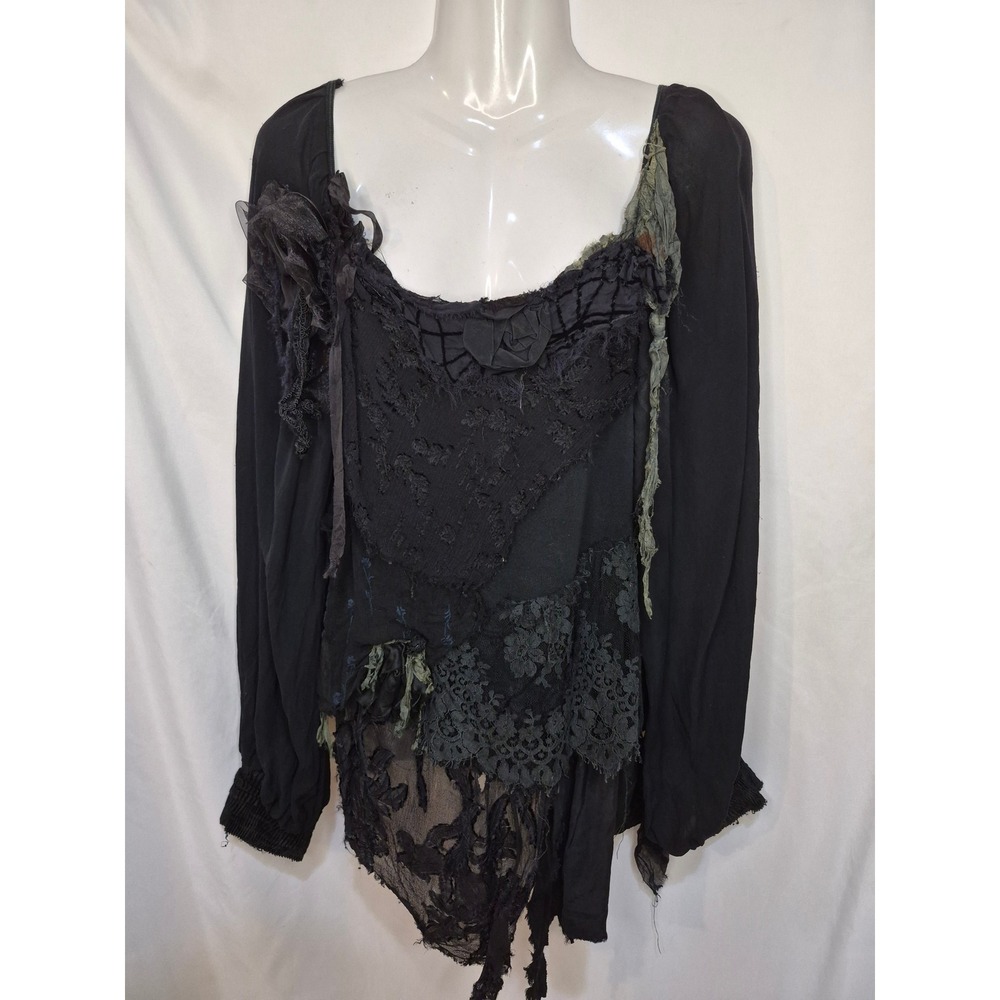 Black Deconstructed Mixed Media Lace Top Long Sleeve Gothic Mori Girl Boho